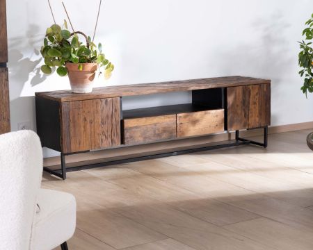 Meuble TV industriel 175 cm acacia et métal noir "Cachou Chic"