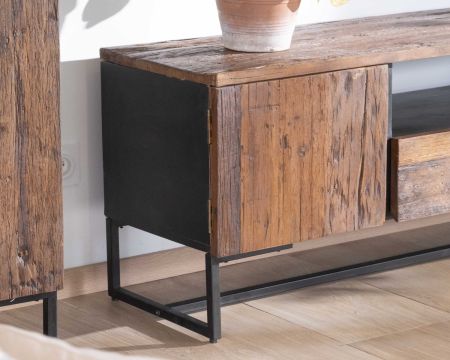 Meuble TV industriel 175 cm acacia et métal noir "Cachou Chic"