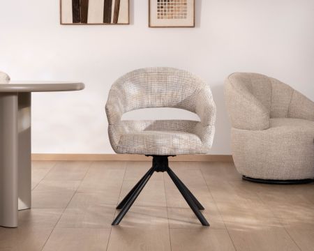 Lot de 2 chaises tournantes esprit rétro-contemporain doux “Movy” en tissu grège tramé