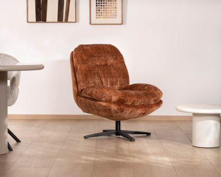 Fauteuil pivotant 360° en tissu bouclettes terracotta “Panama” assise moelleuse et design enveloppant