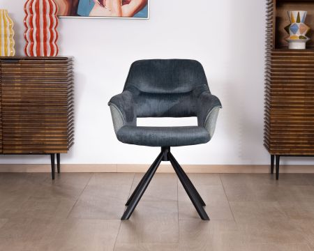 Lot de 2 fauteuils de repas contemporains en tissu bi texture bleu "Chilko" pied pivotant en métal