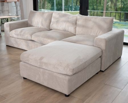 Canapé 3 places avec pouf ottoman carré en velours côtelé gris chaud "Tuléar"