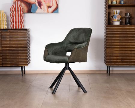 Lot de 2 fauteuils de repas enveloppants en tissu bi texture vert "Chilko" avec pied pivotant en métal noir 