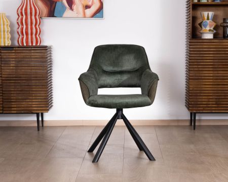 Lot de 2 fauteuils de repas enveloppants en tissu bi texture vert "Chilko" avec pied pivotant en métal noir 