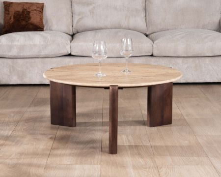 Table de salon ronde en travertin et manguier "Archipel" 90 cm