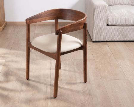 Chaise de repas style vintage "Polo" en manguier et assise tissu blanc