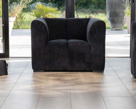 Fauteuil design cubique en velours anthracite avec surpiqures "Enjoy Home"