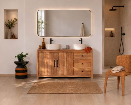 Grand meuble sous vasque double en bois recyclé "Mokal" 150 cm esprit maison de campagne