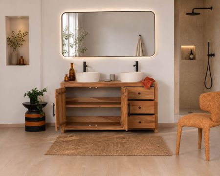 Grand meuble sous vasque double en bois recyclé "Mokal" 150 cm esprit maison de campagne