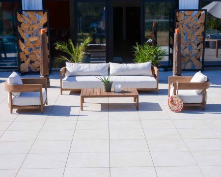 Salon de jardin teck et tissu déperlant 1 canapé 2 fauteuils "Blois"