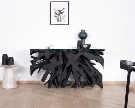 Console 150 cm en racine de teck teintée noir avec plateau verre "Jungle"