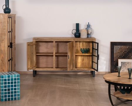 Bahut en manguier massif 3 portes avec vitrine "Manelo" 145 cm
