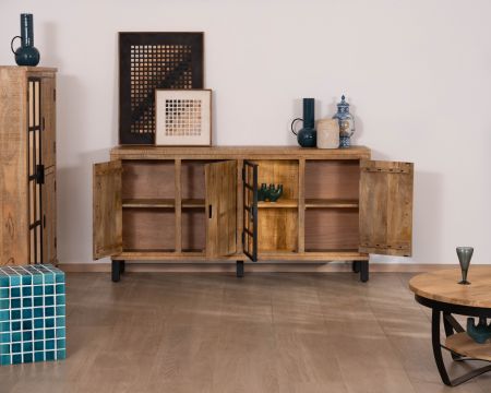 Buffet contemporain en manguier massif 3 portes avec vitrine "Manelo" 175 cm