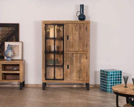 Meuble de rangement contemporain avec porte vitrée et éclairage LED "Manelo" en manguier massif