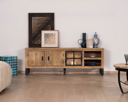 Meuble télé contemporain en manguier massif avec porte vitrée "Manelo" 175 cm