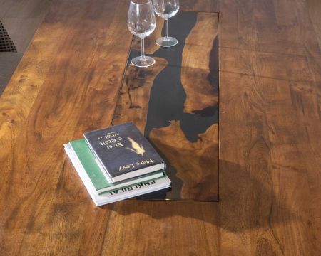 Table de repas 180cm acacia et résine effet bois fossilisé "Membatu" pieds métal en X
