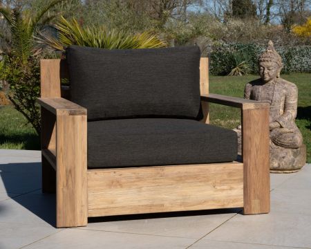 Fauteuil de jardin haut de gamme "Zénith" en teck matelassé tissu gris foncé