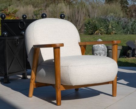 Salon de jardin 3 pièces "Aristochair" en teck tissu d'extérieur blanc cassé