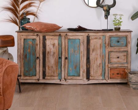 Bahut 4 portes 3 tiroirs bois couleur style récup "Cookies"