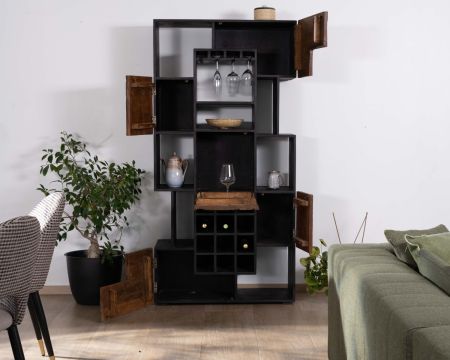 Etagère sommelière design acacia massif finition bois brut et noir "Cachou Chic"