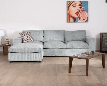 Grand canapé moelleux avec pouf modulaire "Tuléar" en velours côtelé bleu grisé