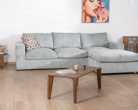 Grand canapé moelleux avec pouf modulaire "Tuléar" en velours côtelé bleu grisé