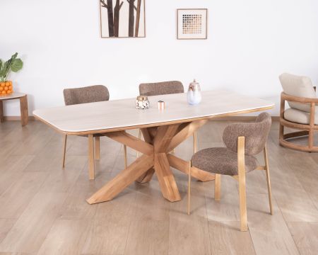 Table en teck massif avec plateau céramique effet travertin 200 cm "Avenor" piètement étoile