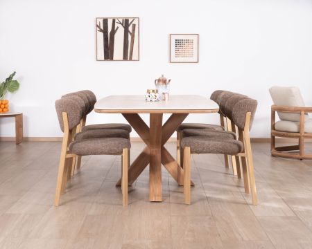 Table en teck massif avec plateau céramique effet travertin 200 cm "Avenor" piètement étoile