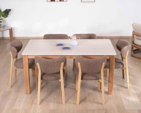 Table à manger 200 cm esprit campagne chic "Arvik" en teck massif et céramique effet travertin