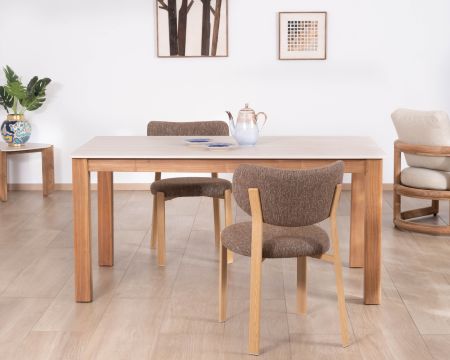 Table à manger 200 cm esprit campagne chic "Arvik" en teck massif et céramique effet travertin