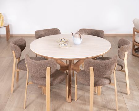 Table ronde intérieur ou extérieur 130 cm "Elsen" en teck massif plateau céramique effet travertin