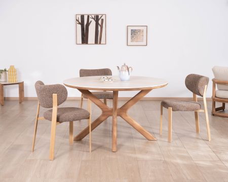Table ronde intérieur ou extérieur 130 cm "Elsen" en teck massif plateau céramique effet travertin