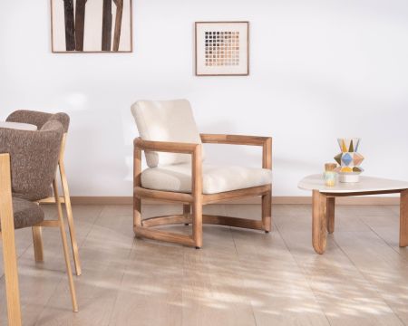 Fauteuil lounge en teck massif "Alizé" avec coussins bouclette écru – intérieur/extérieur