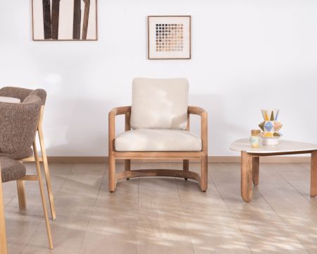 Fauteuil lounge en teck massif "Alizé" avec coussins bouclette écru – intérieur/extérieur