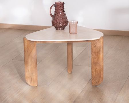 Table basse forme organique en teck massif et plateau céramique effet travertin "Osten"