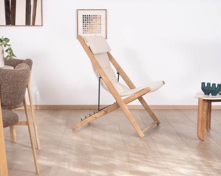 Chilienne matelassée en tissu bouclette écru et teck massif "Alizé" intérieur/extérieur