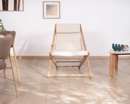 Chilienne matelassée en tissu bouclette écru et teck massif "Alizé" intérieur/extérieur