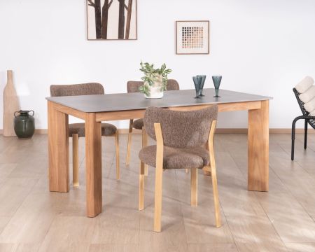 Table de repas 200 cm plateau céramique gris effet béton "Merik" en teck massif