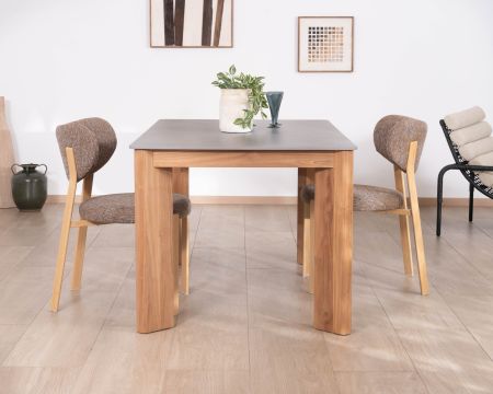 Table de repas 200 cm plateau céramique gris effet béton "Merik" en teck massif