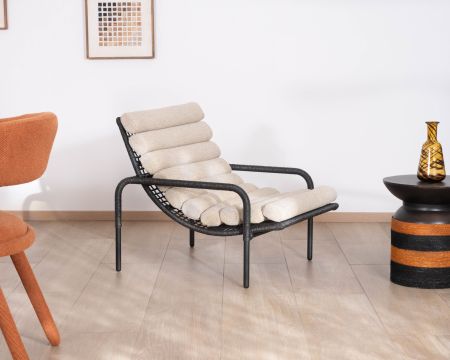 Fauteuil lounge esprit Riviera "Alizé" noir avec coussin matelassé écru