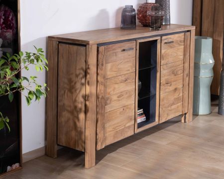 Buffet contemporain 150cm en acacia 2 portes et étagères vitrées "Fantaisie"