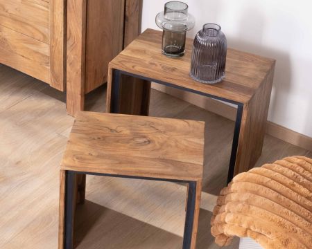 Duo de tables d'appoint gigognes en acacia naturel et noir "Fantaisie"