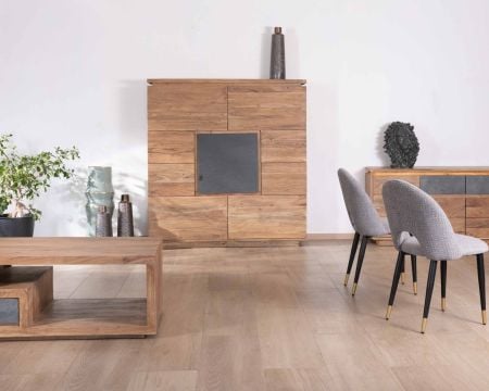 Buffet haut avec éclairage LED en acacia massif et placage pierre "Paguera"