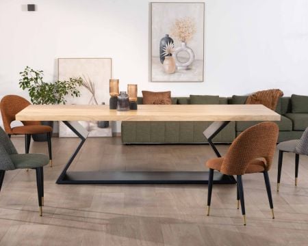 Grande table de salle à manger design pieds métal zigzag et plateau acacia massif 260 cm "Audacio"