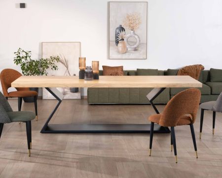 Grande table de salle à manger design pieds métal zigzag et plateau acacia massif 260 cm "Audacio"