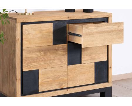 Petit bahut de rangement en pin brossé et motif carrés noirs "Cubo"