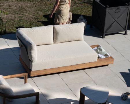 Canapé 2 places intérieur extérieur haut de gamme "Alizé" en teck et tissu bouclette crème
