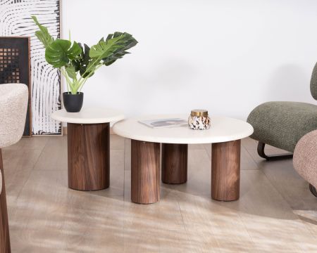 Duo de tables basses rondes aspect pierre "Galatée" piètements effet noyer