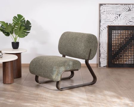 Fauteuil design moderne en tissu bouclette kaki "Luno" structure métal bronze