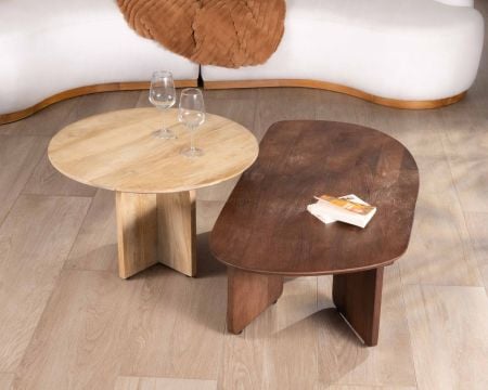 Duo de tables basses en manguier naturel et marron finition sablée "Pise"